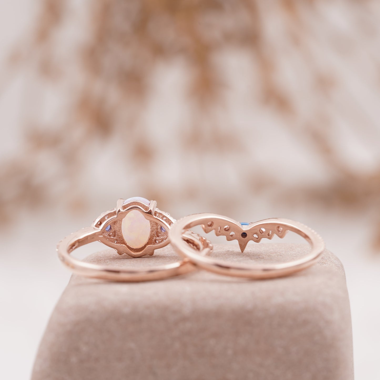 Fire Opal Engagement Ring Set with Curved Band Back SIde