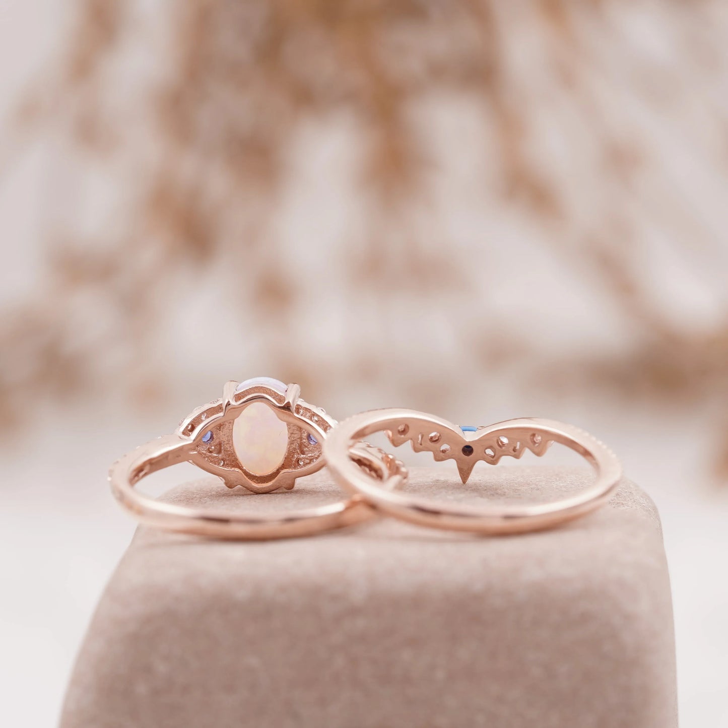 Fire Opal Engagement Ring Set with Curved Band - MinimalistJewels