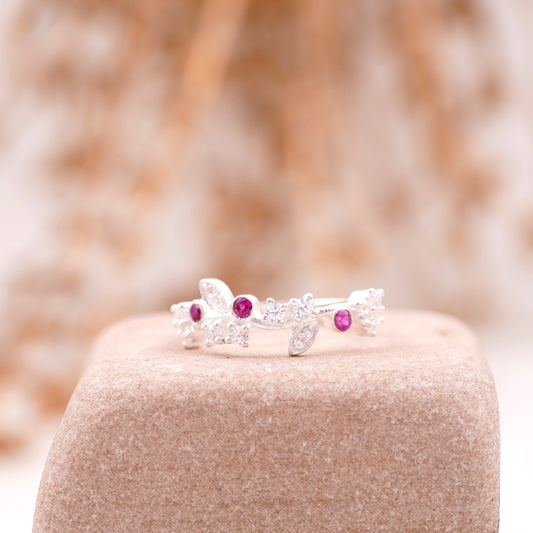 Nature Inspired Leaf CZ Diamond And Ruby Wedding Band 925 Sterling Silver