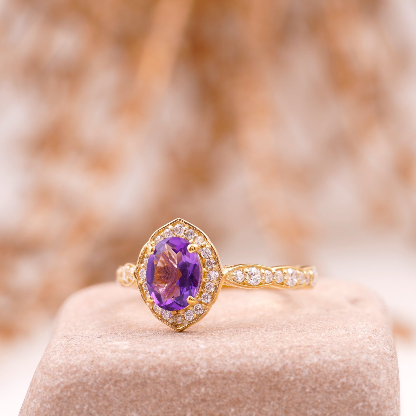Oval Amethyst Halo Diamond Engagement Ring Left Angle