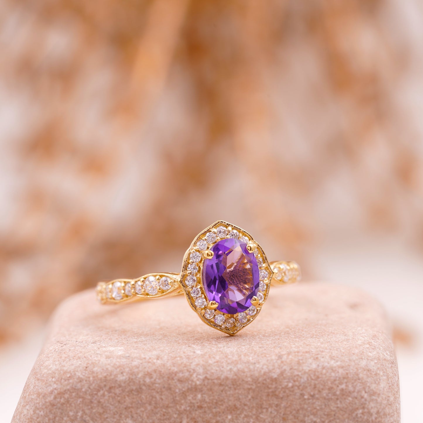 Oval Amethyst Halo Diamond Engagement Ring Right Angle
