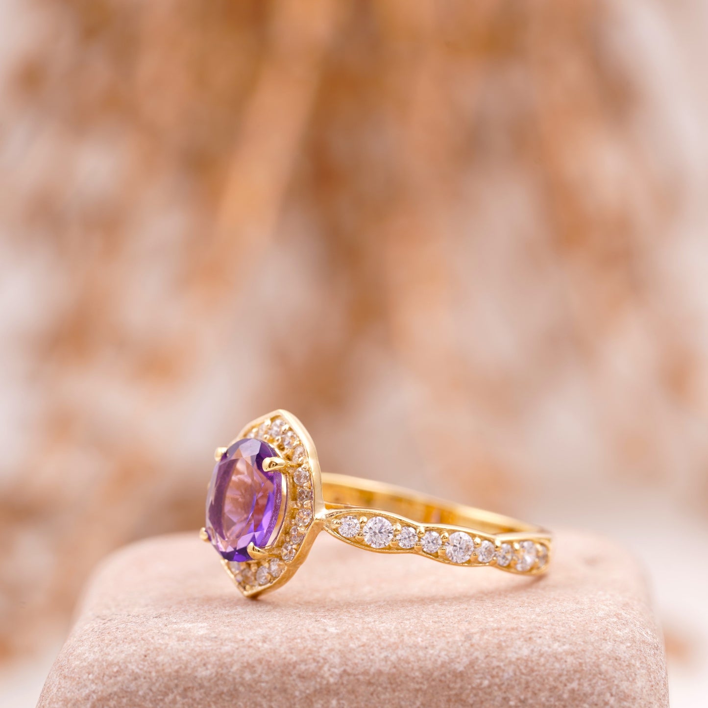 Oval Amethyst Halo Diamond Engagement Ring SIde Position