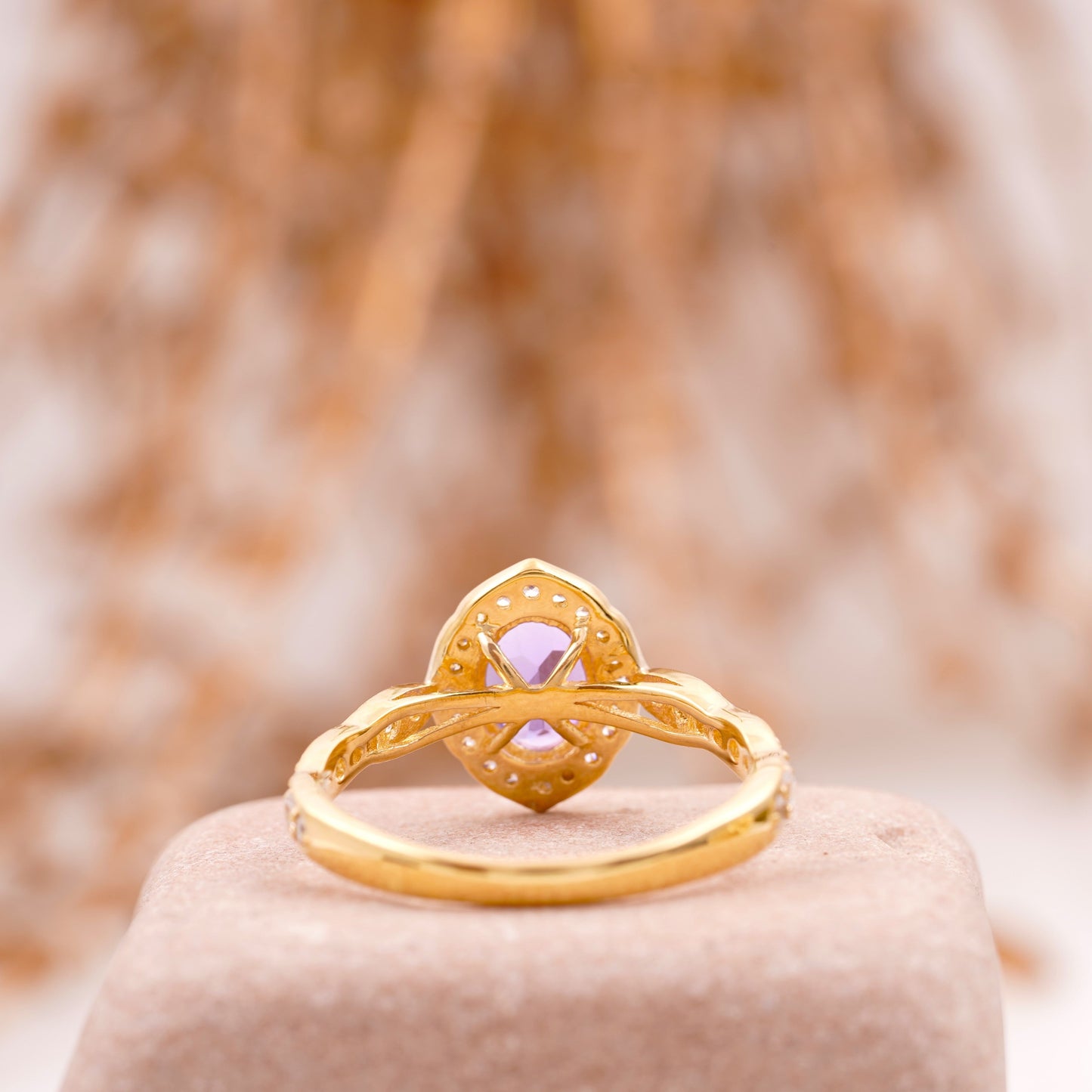 Oval Amethyst Halo Diamond Engagement Ring Back SIde