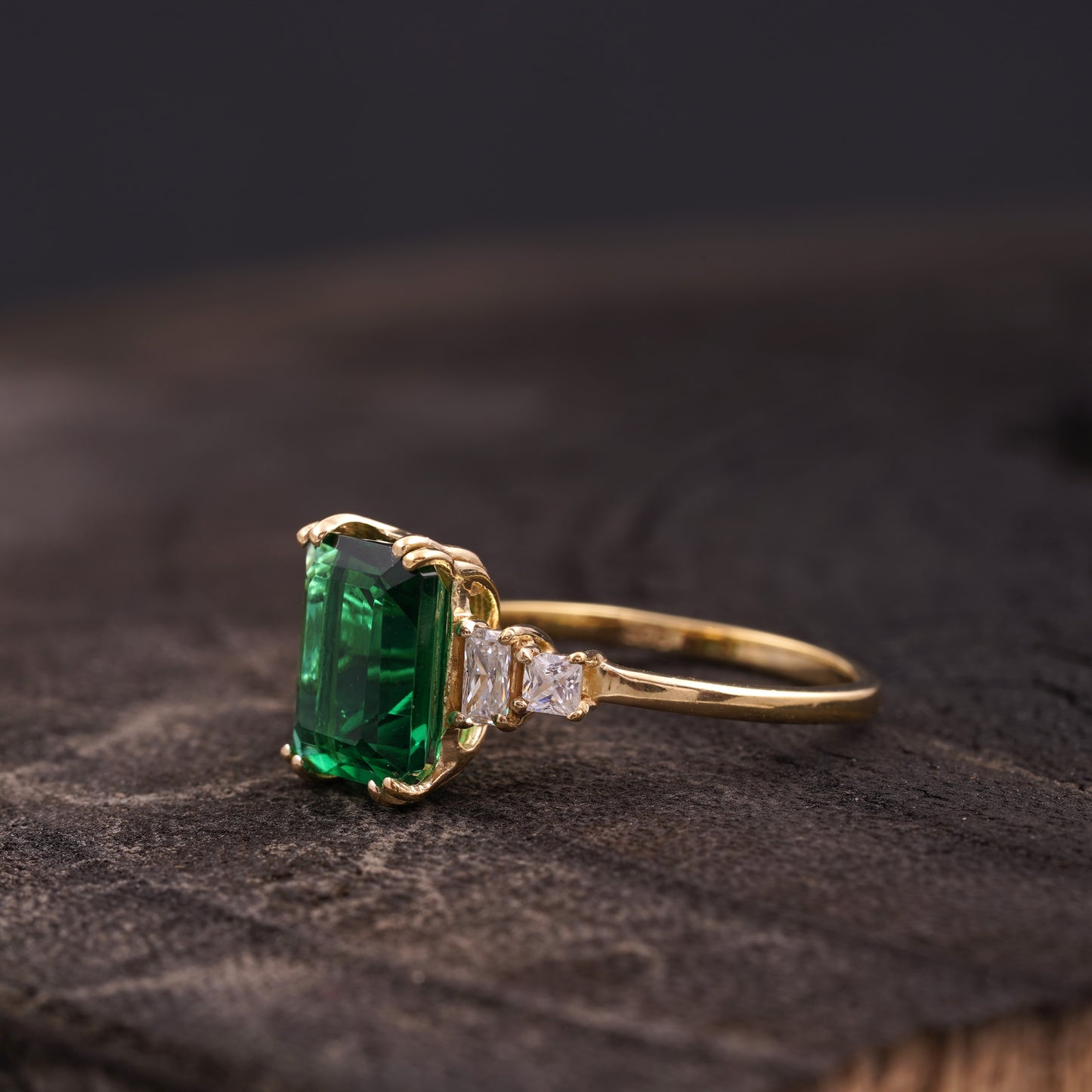 Green Emerald Gemstone CZ Diamond Gold Engagement Ring Side Position