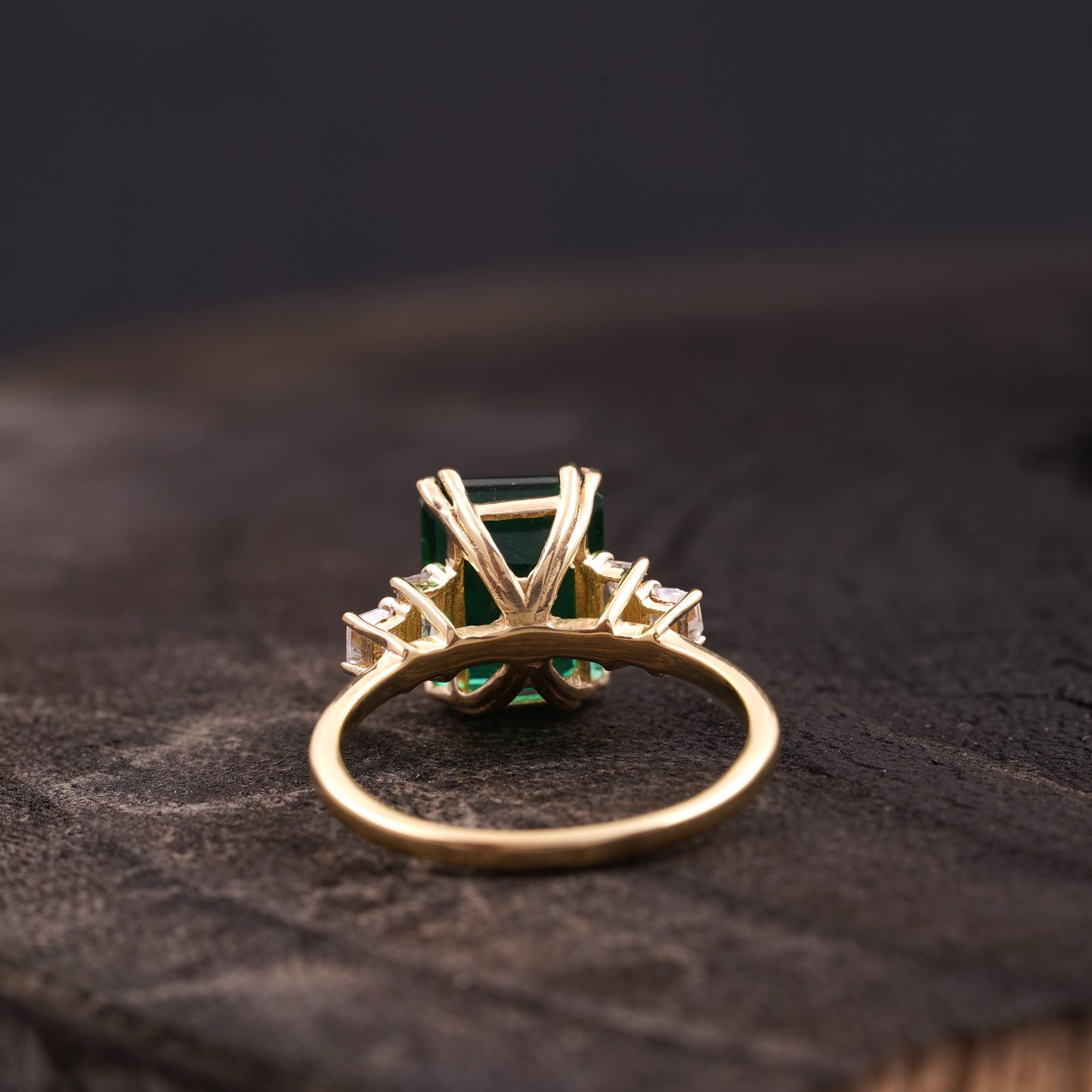 Green Emerald Gemstone CZ Diamond Gold Engagement Ring Back SIde