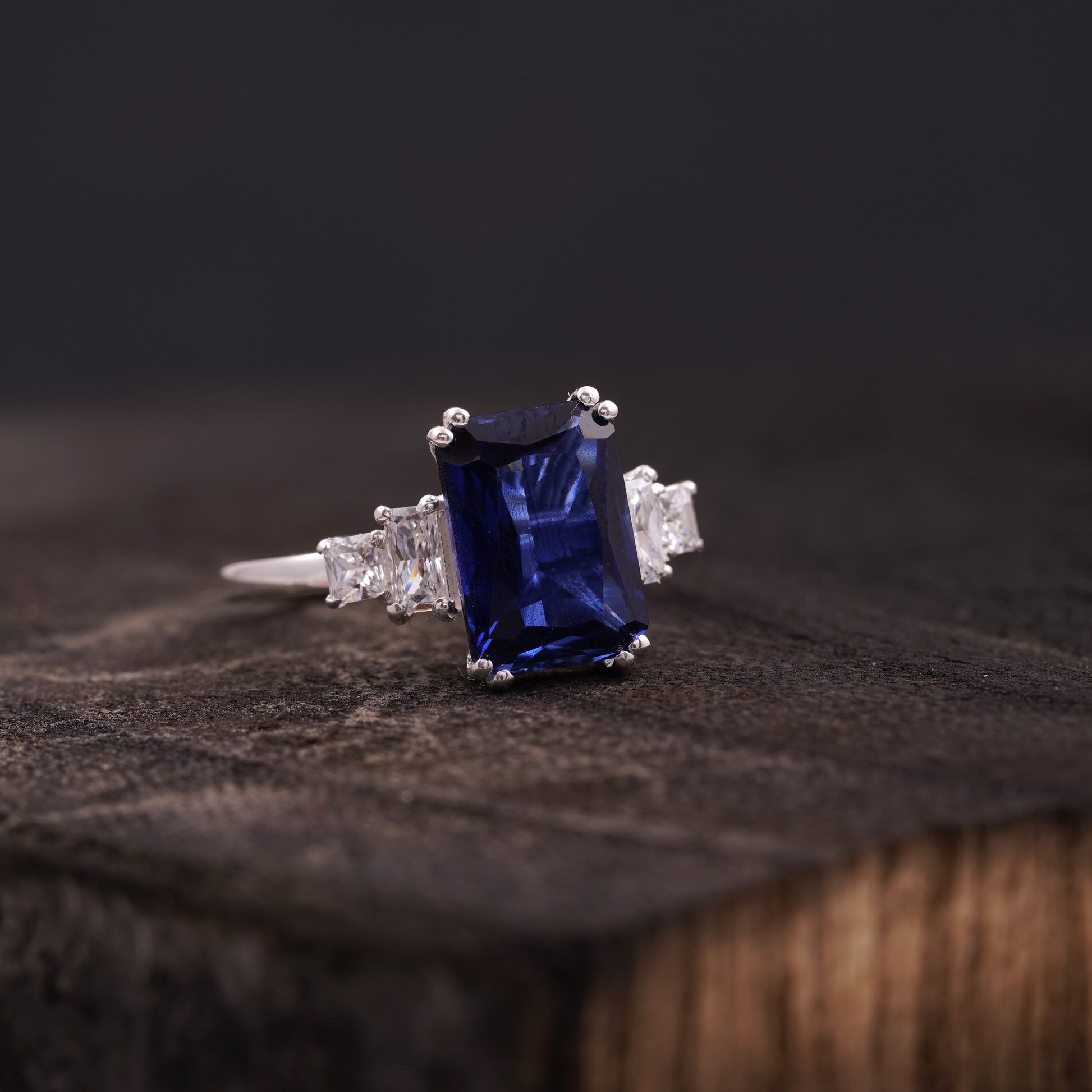 Emerald Blue Sapphire Silver Engagement Ring Right Angle