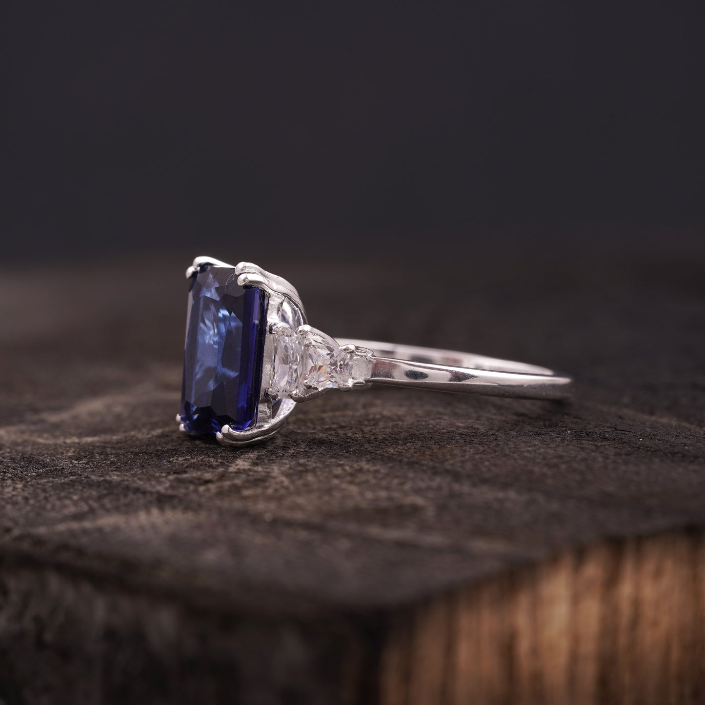 Emerald Blue Sapphire Silver Engagement Ring Side Position