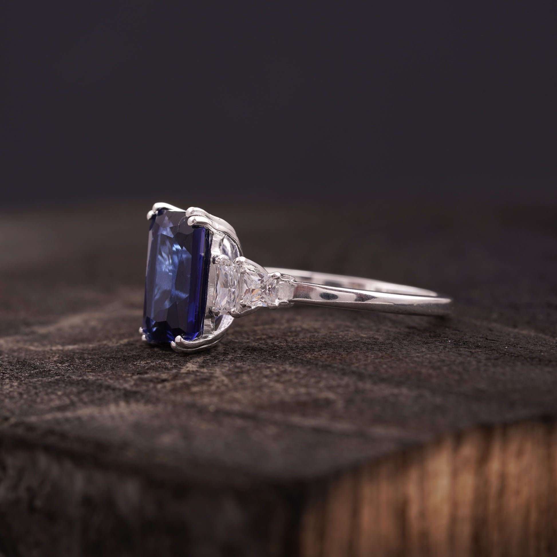 Emerald Blue Sapphire Silver Engagement Ring Side Position