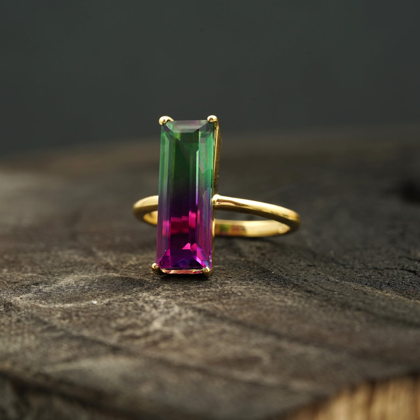 Long Baguette Watermelon Tourmaline Bicolor Engagement Ring