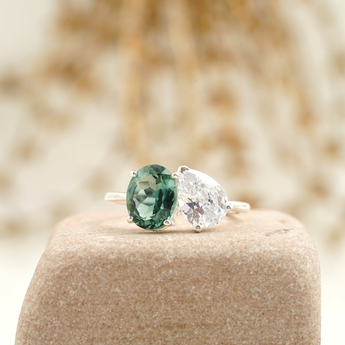 Toi Et Moi Tourmaline & Diamond Silver Engagement Ring