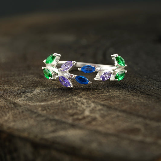Marquise Cut Multi-Stone Sapphire Amethyst & Emerald Wedding Band
