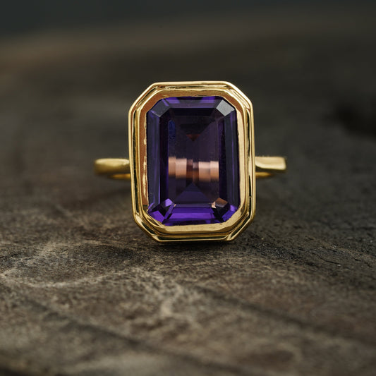 Large Alexandrite Bezel Set Engagement Ring 14K Yellow Gold
