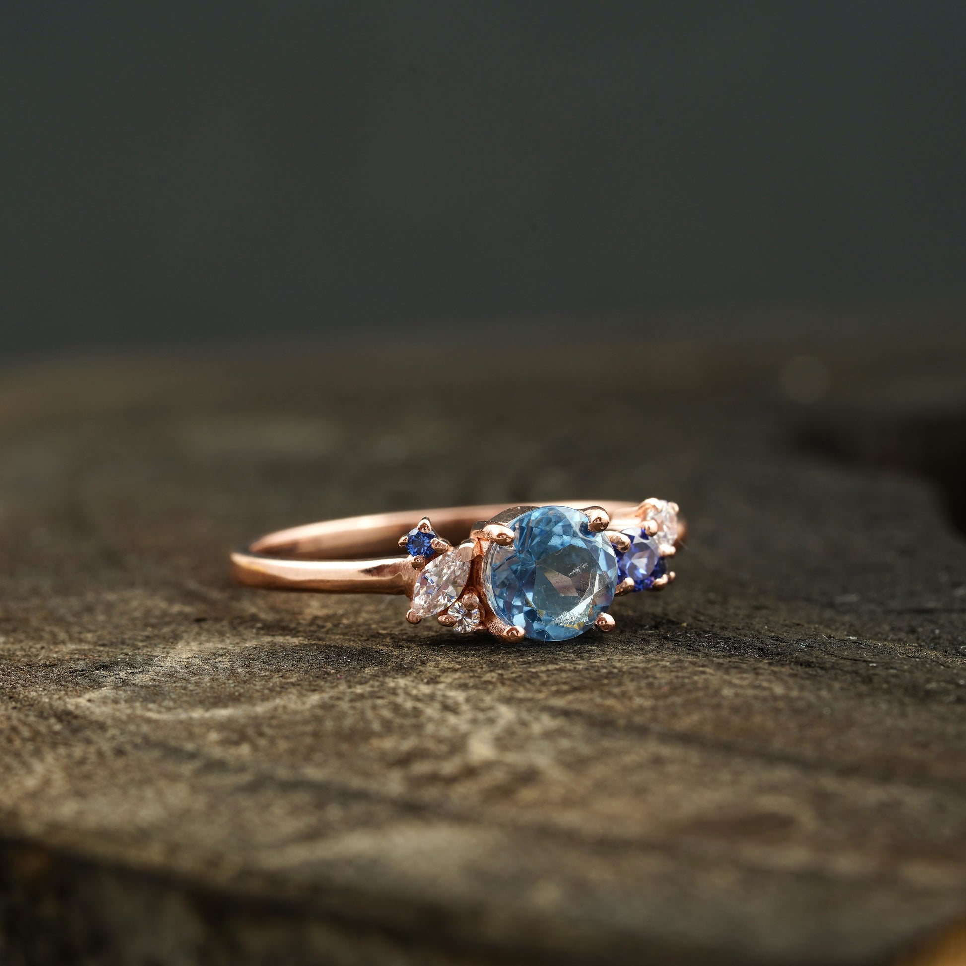 Aquamarine Cluster CZ Diamond Stacking Ring Right Angle