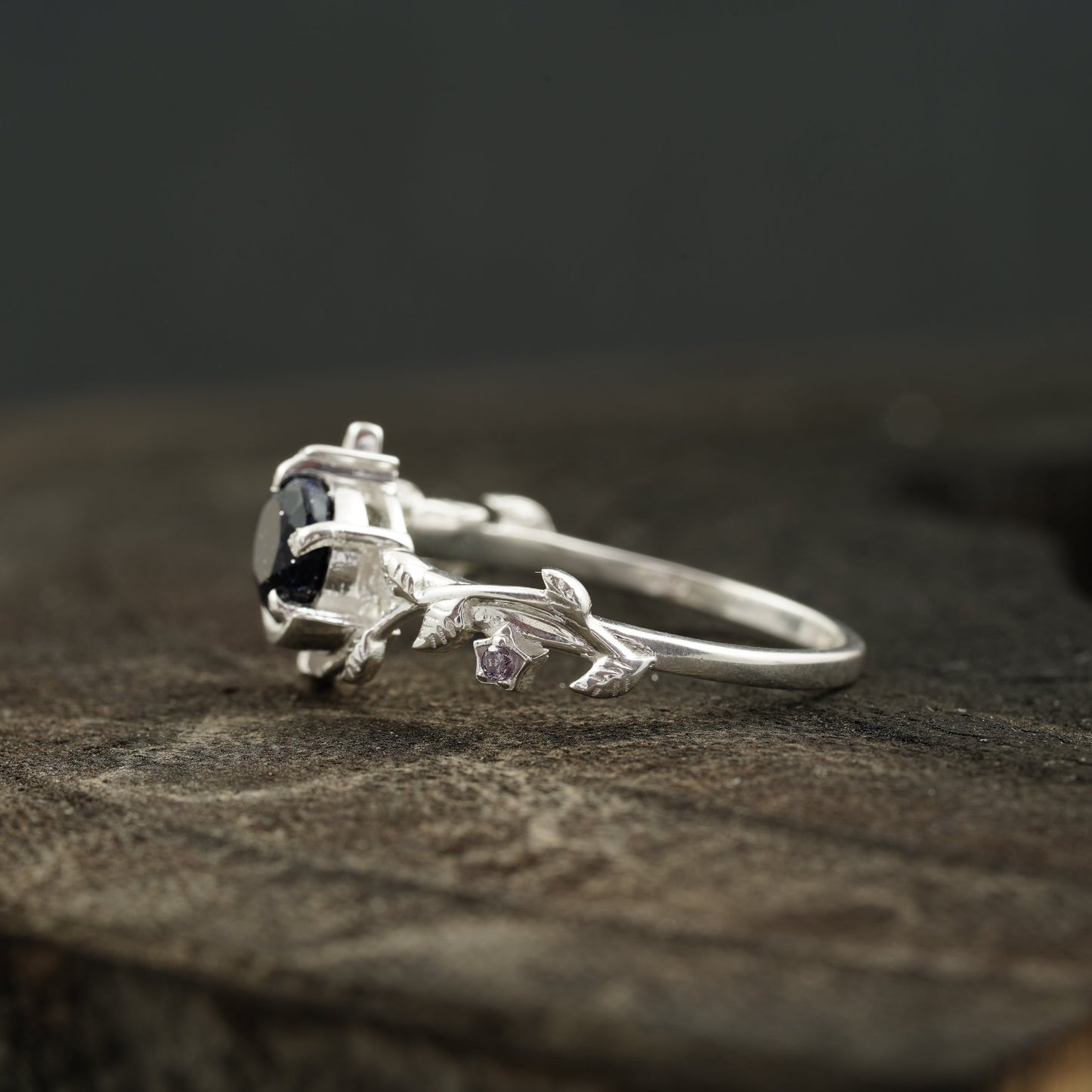 Blue Sandstone Leaf Diamond Band Engagement Ring | Sterling Silver