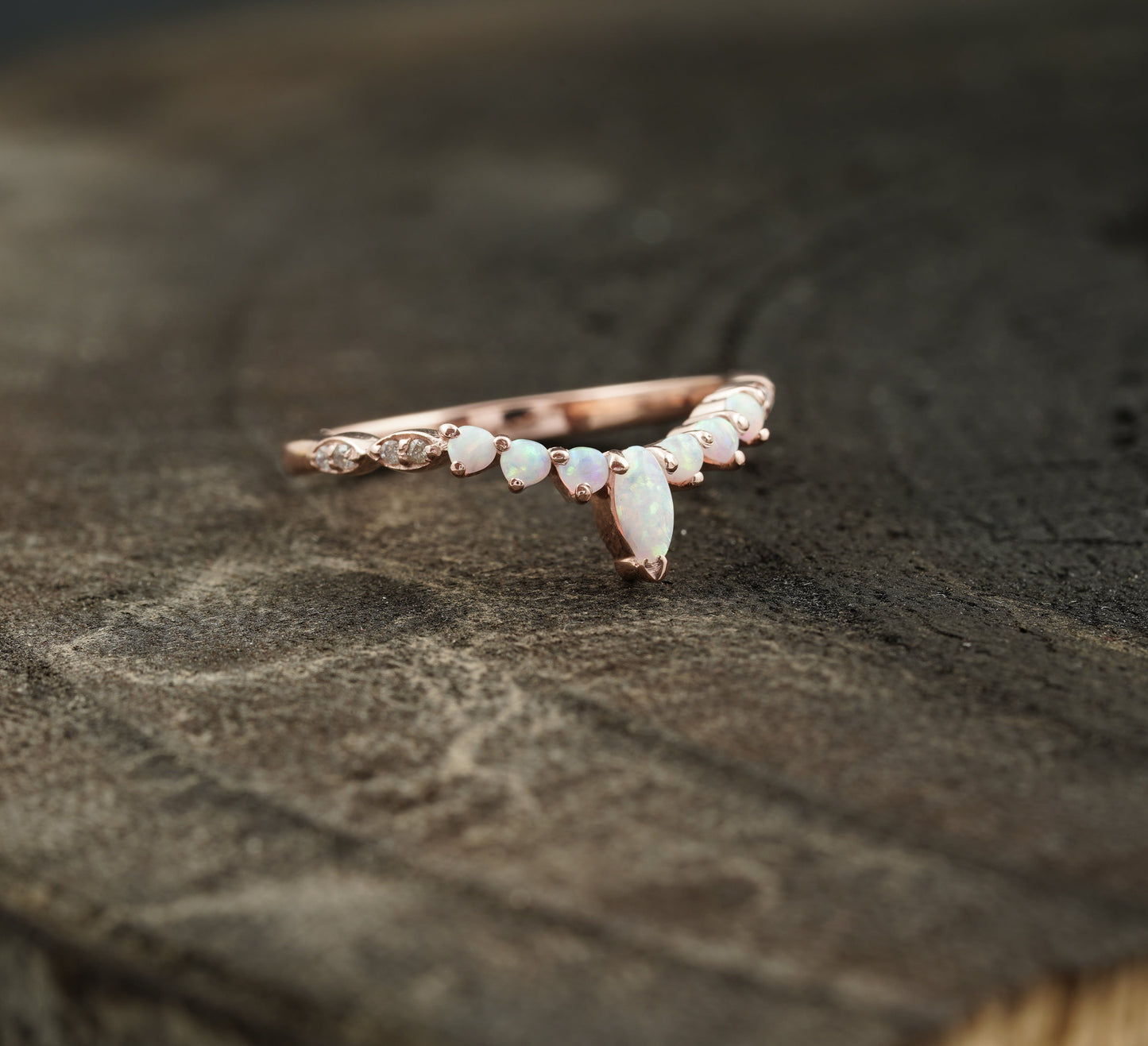 Marquise Opal Curved Wedding Band, October Birthstone, 14k Rose Gold Ring