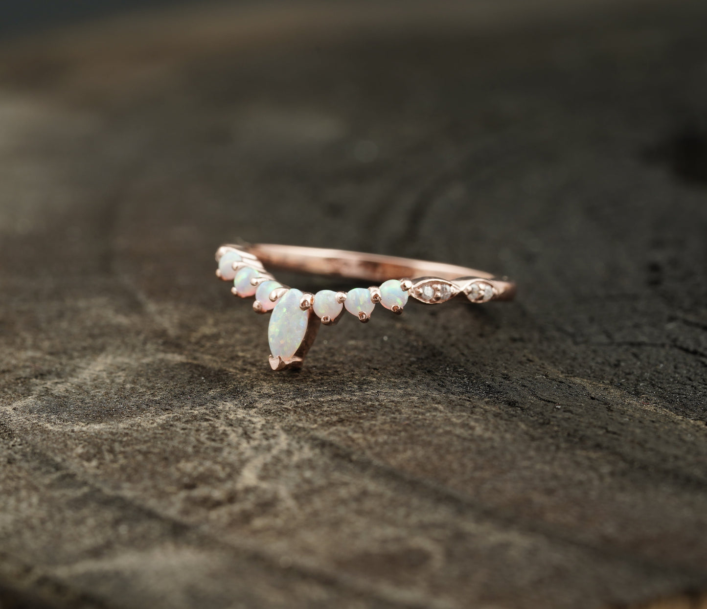Marquise Opal Curved Wedding Band, October Birthstone, 14k Rose Gold Ring