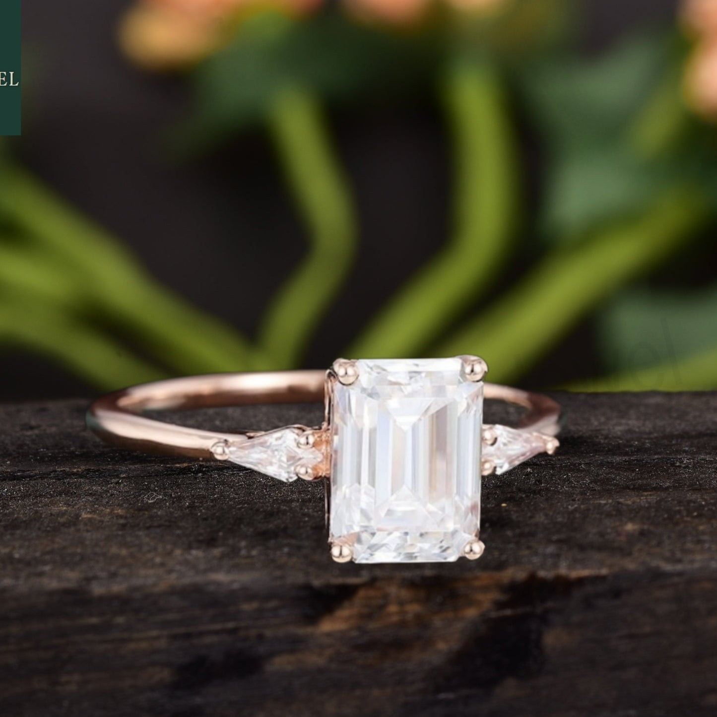 Emerald Cut Moissanite Diamond Cluster Engagement Ring