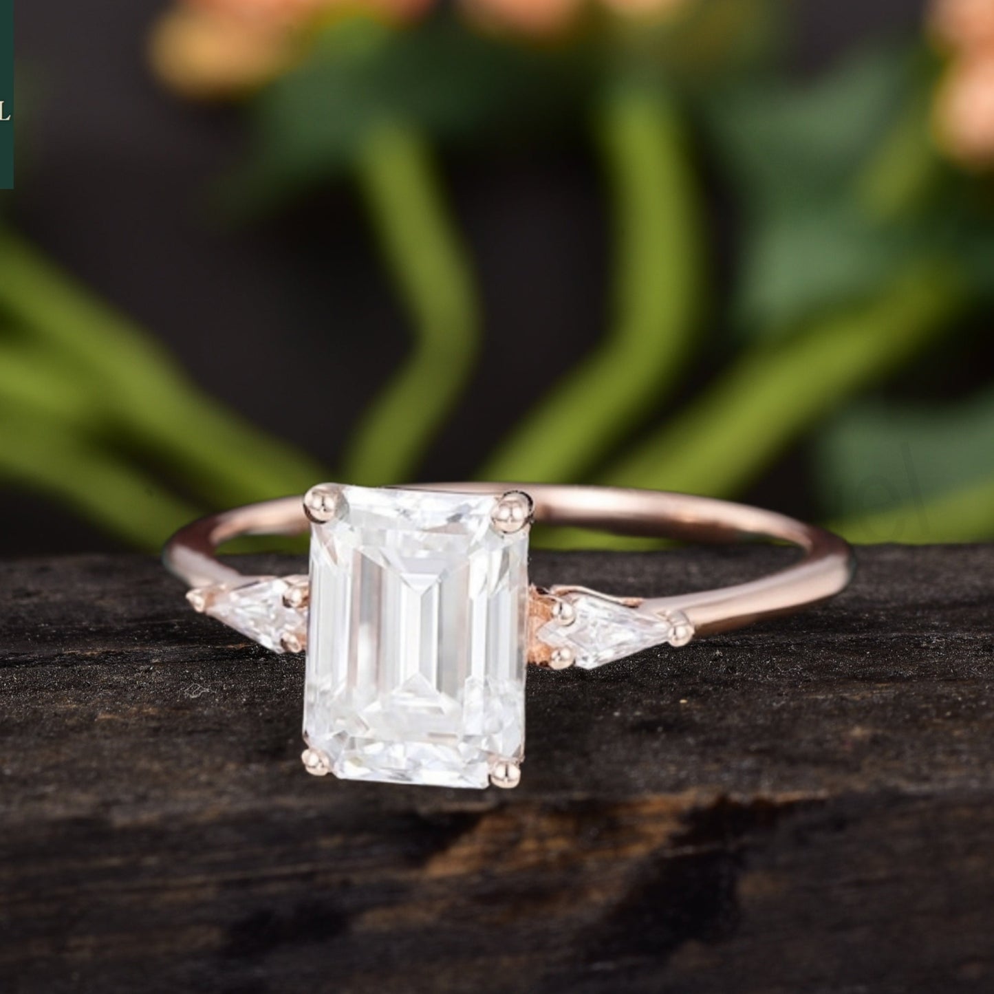 Emerald Cut Moissanite Diamond Cluster Engagement Ring