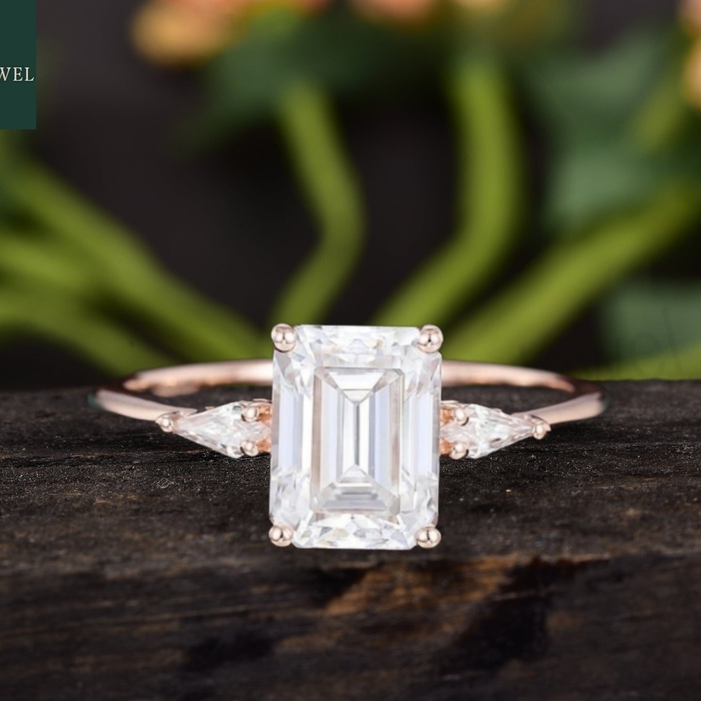 Emerald Cut Moissanite Diamond Cluster Engagement Ring