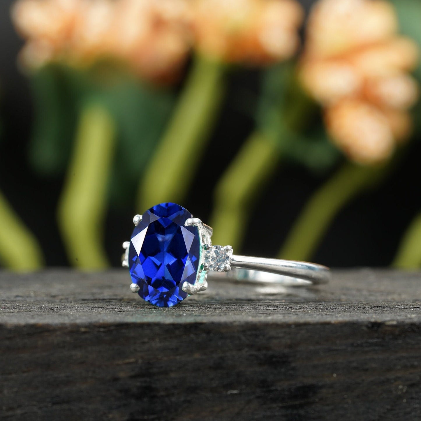 Oval Cut Blue Sapphire Sterling Silver Engagement Ring