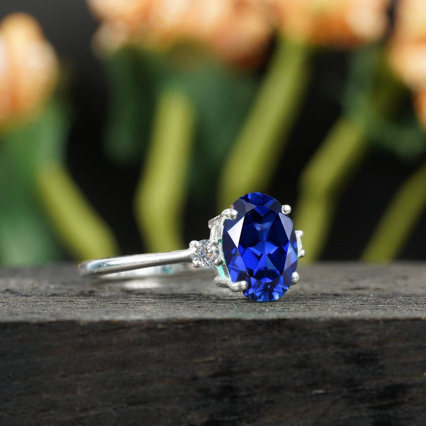 Oval Cut Blue Sapphire Sterling Silver Engagement Ring