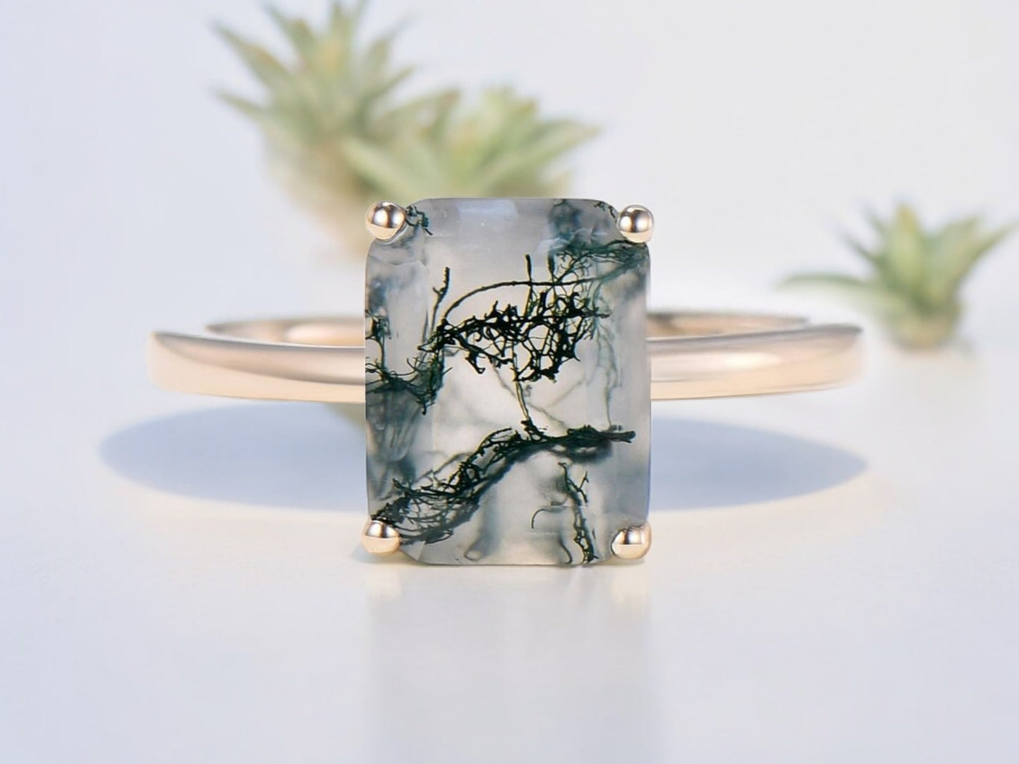 Emerald Cut Moss Agate Solitaire Engagement Ring For Women