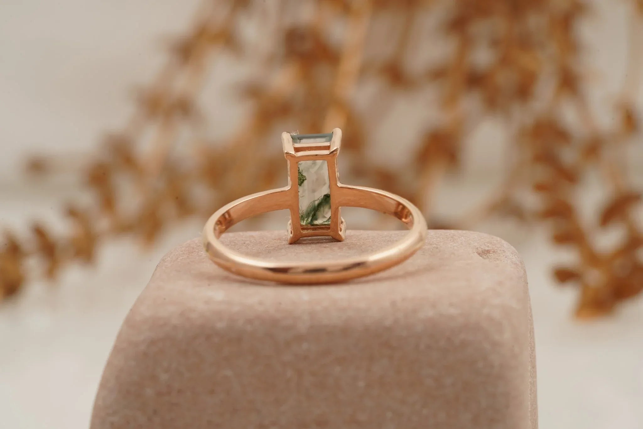 Moss Agate Baguette Cut Rose Gold Engagement Ring - MinimalistJewels