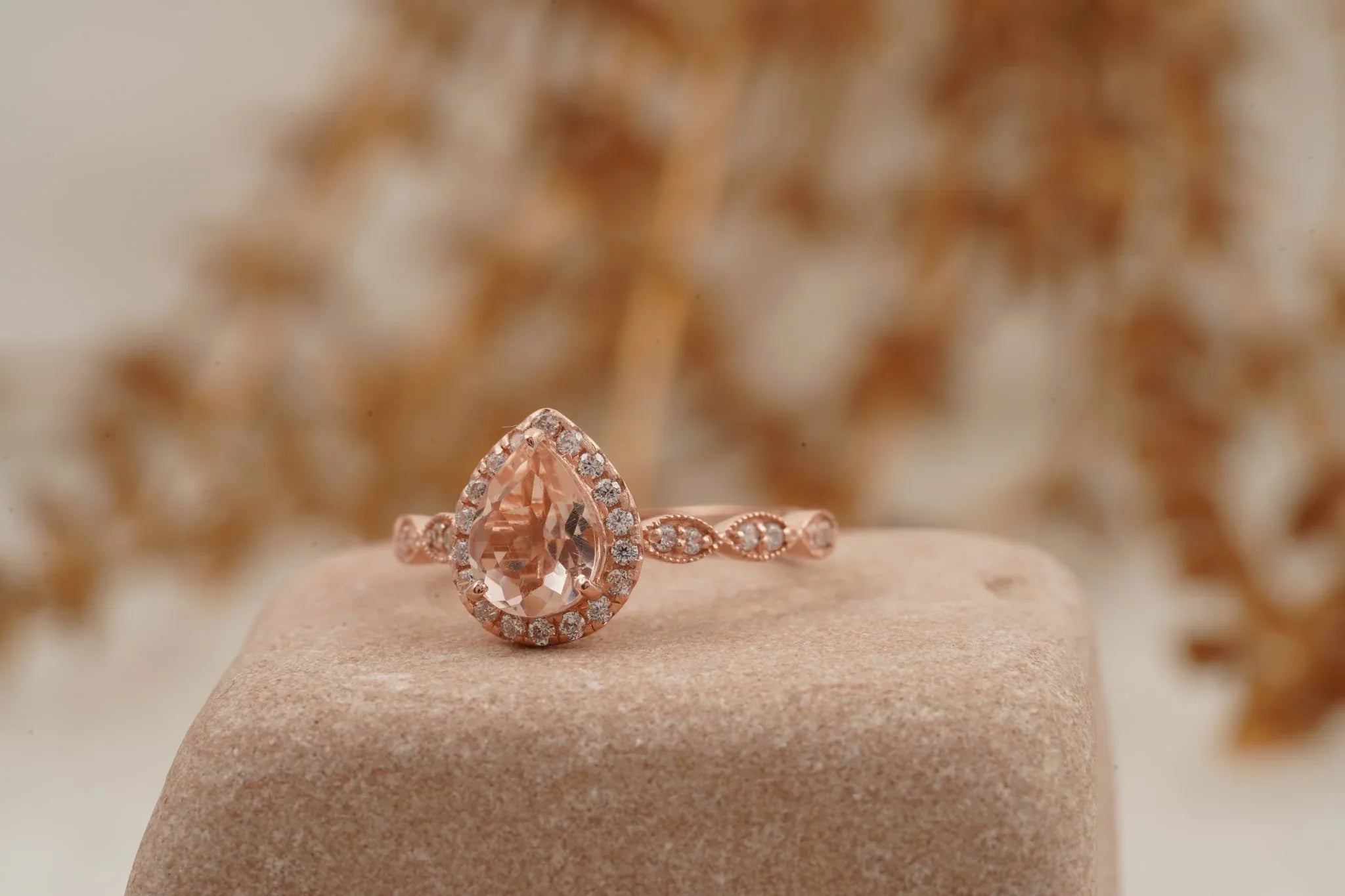 Pear Shaped Morganite Rose Gold Bridal Engagement Ring - MinimalistJewels