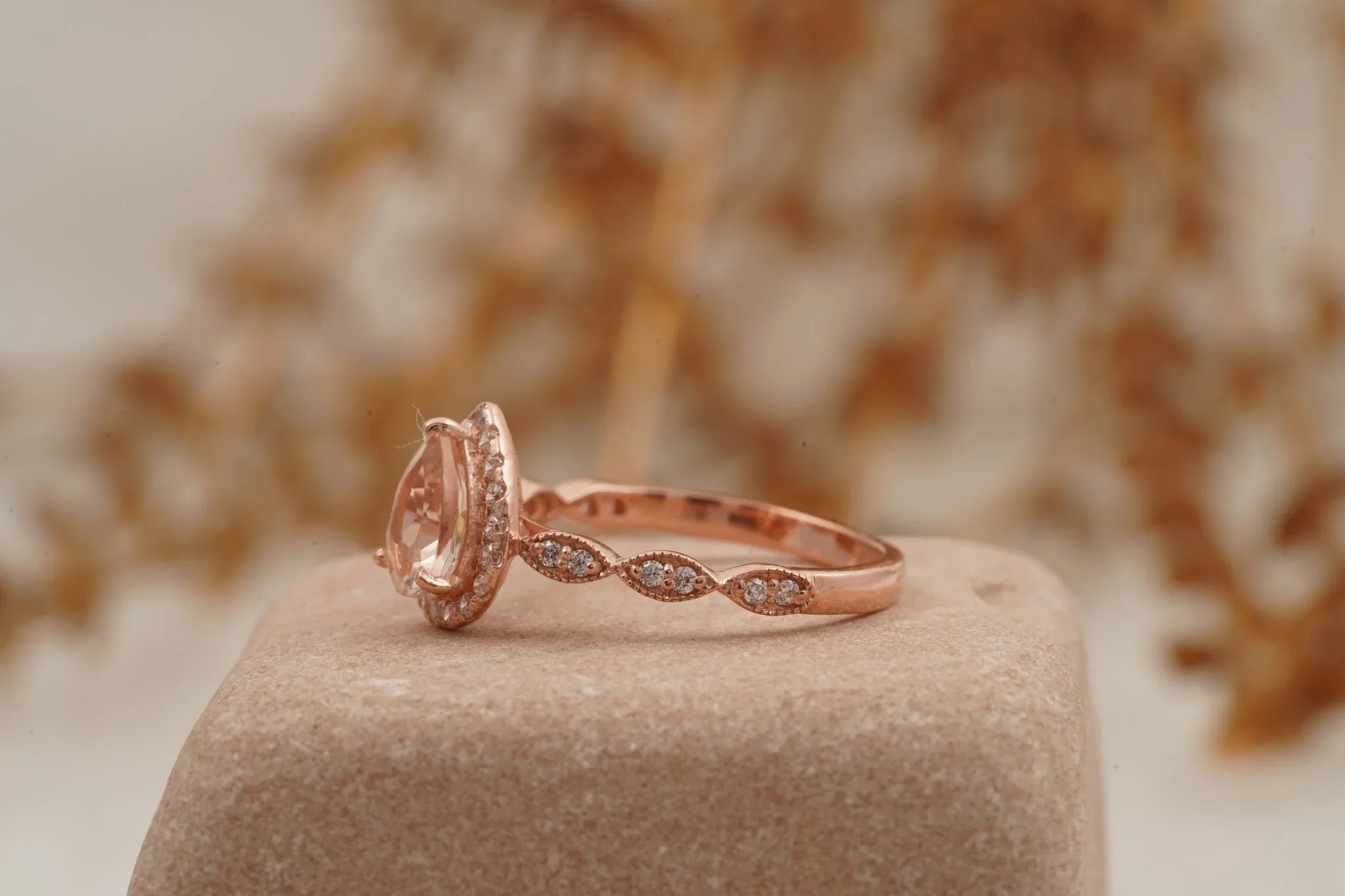 Pear Shaped Morganite Rose Gold Bridal Engagement Ring - MinimalistJewels
