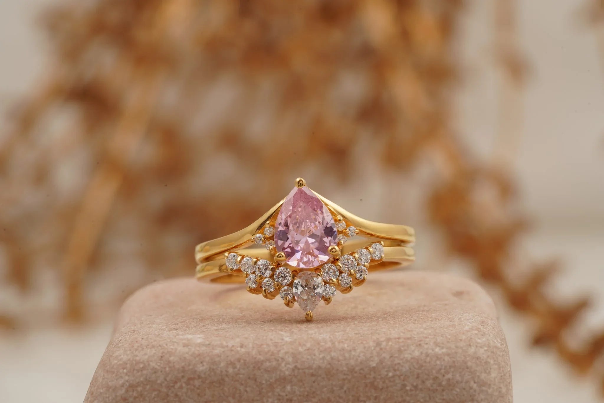 Pink Sapphire Engagement Ring Set With Diamond Wedding Band - MinimalistJewels