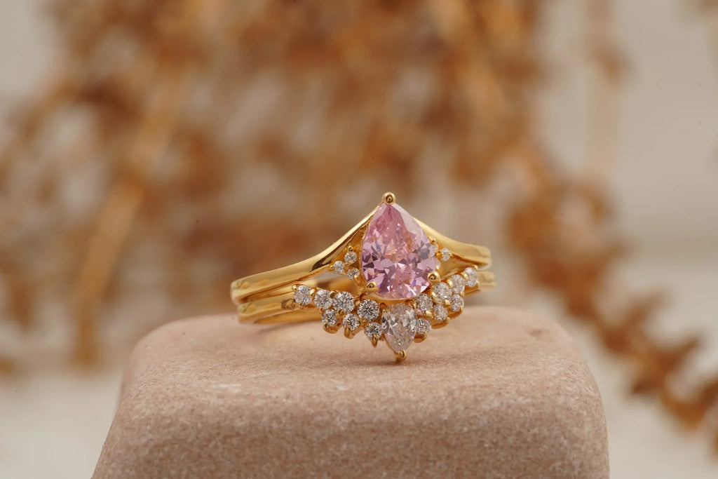 Pink Sapphire Engagement Ring Set With Diamond Wedding Band - MinimalistJewels