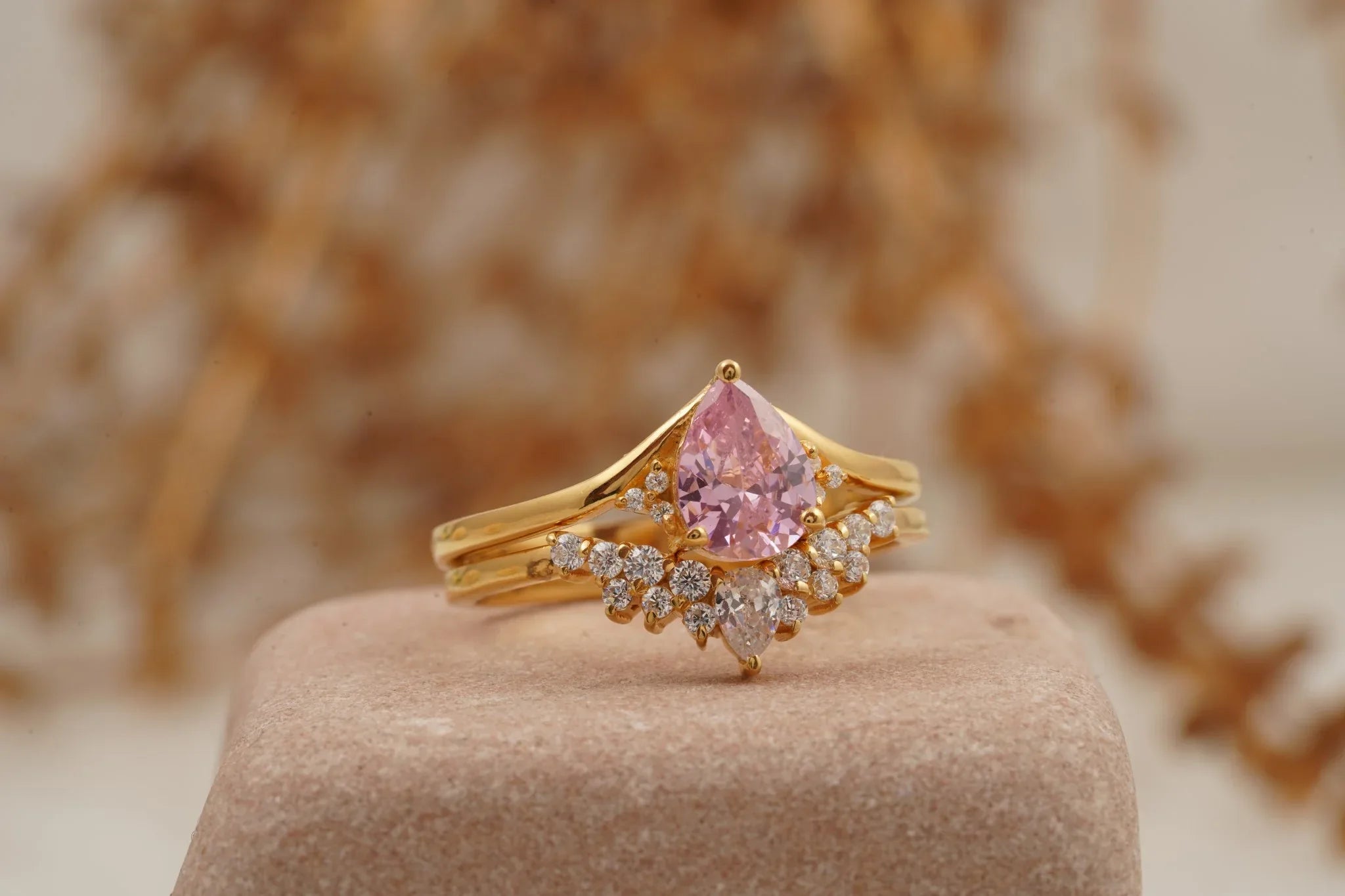 Pink Sapphire Engagement Ring Set With Diamond Wedding Band - MinimalistJewels