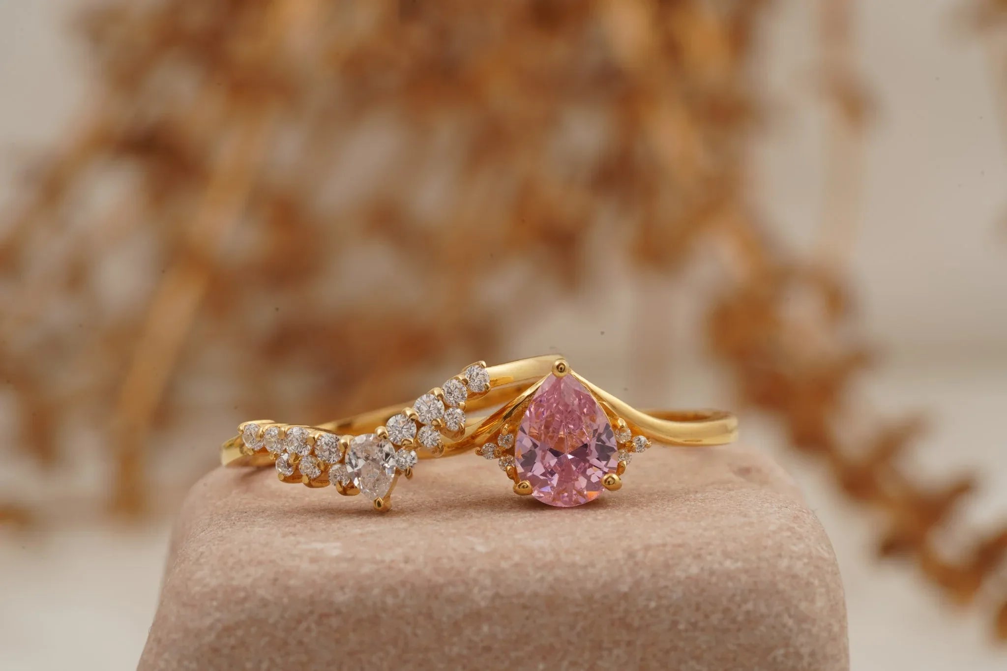 Pink Sapphire Engagement Ring Set With Diamond Wedding Band - MinimalistJewels