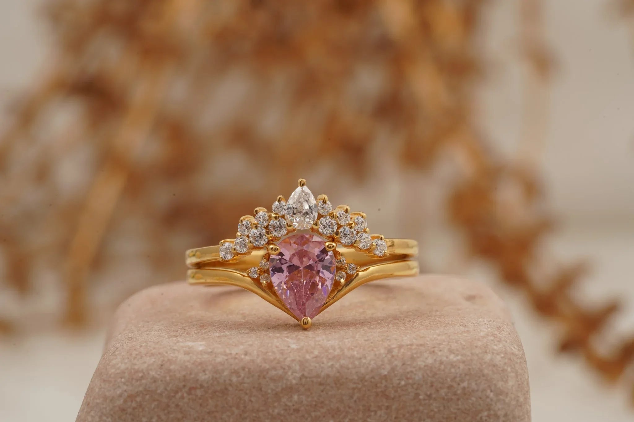 Pink Sapphire Engagement Ring Set With Diamond Wedding Band - MinimalistJewels