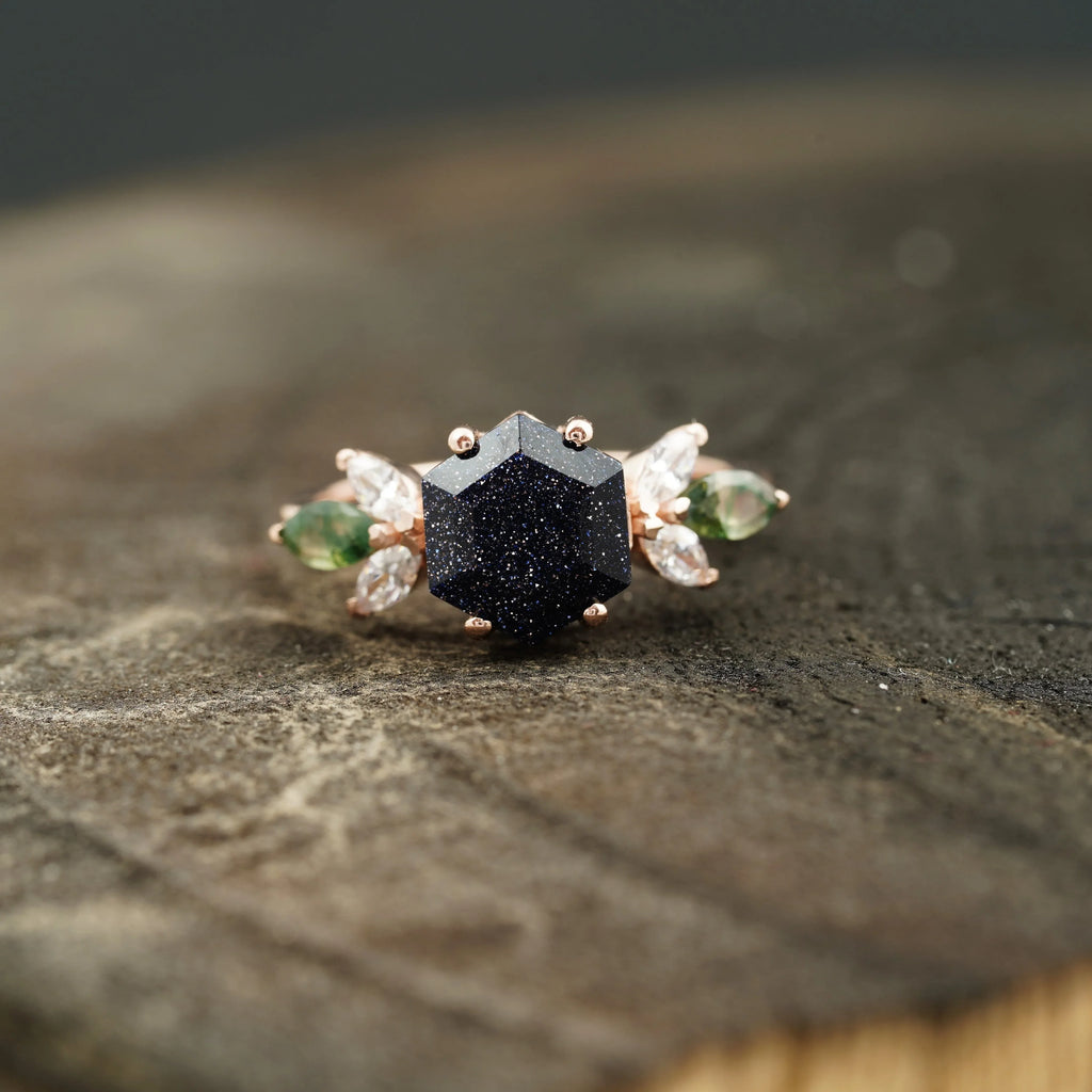 Blue Sandstone Gemstone Ring Cluster Ring For Women - MinimalistJewels