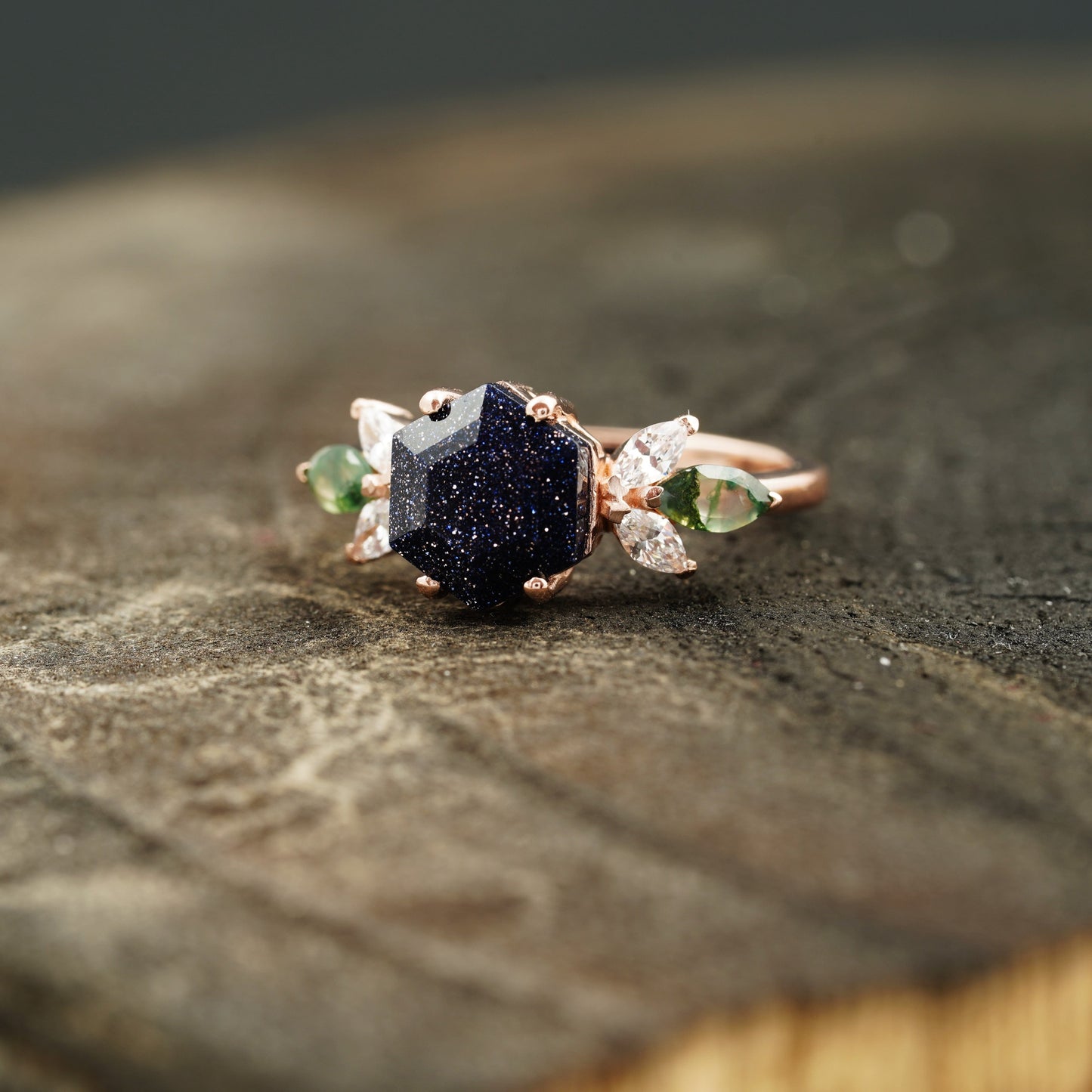 Blue Sandstone Gemstone Ring Cluster Ring Left Angle