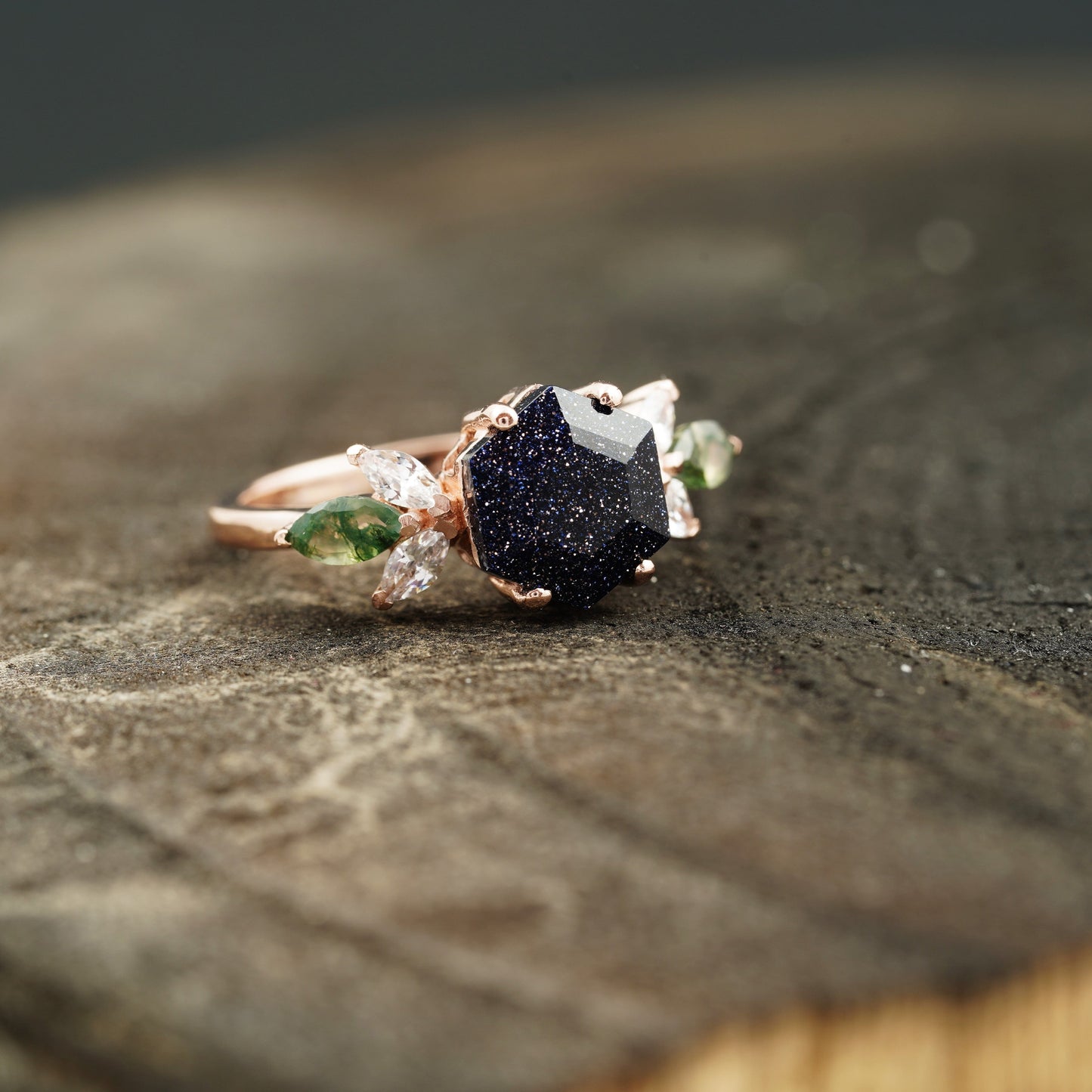 Blue Sandstone Gemstone Ring Cluster Ring Right Angle