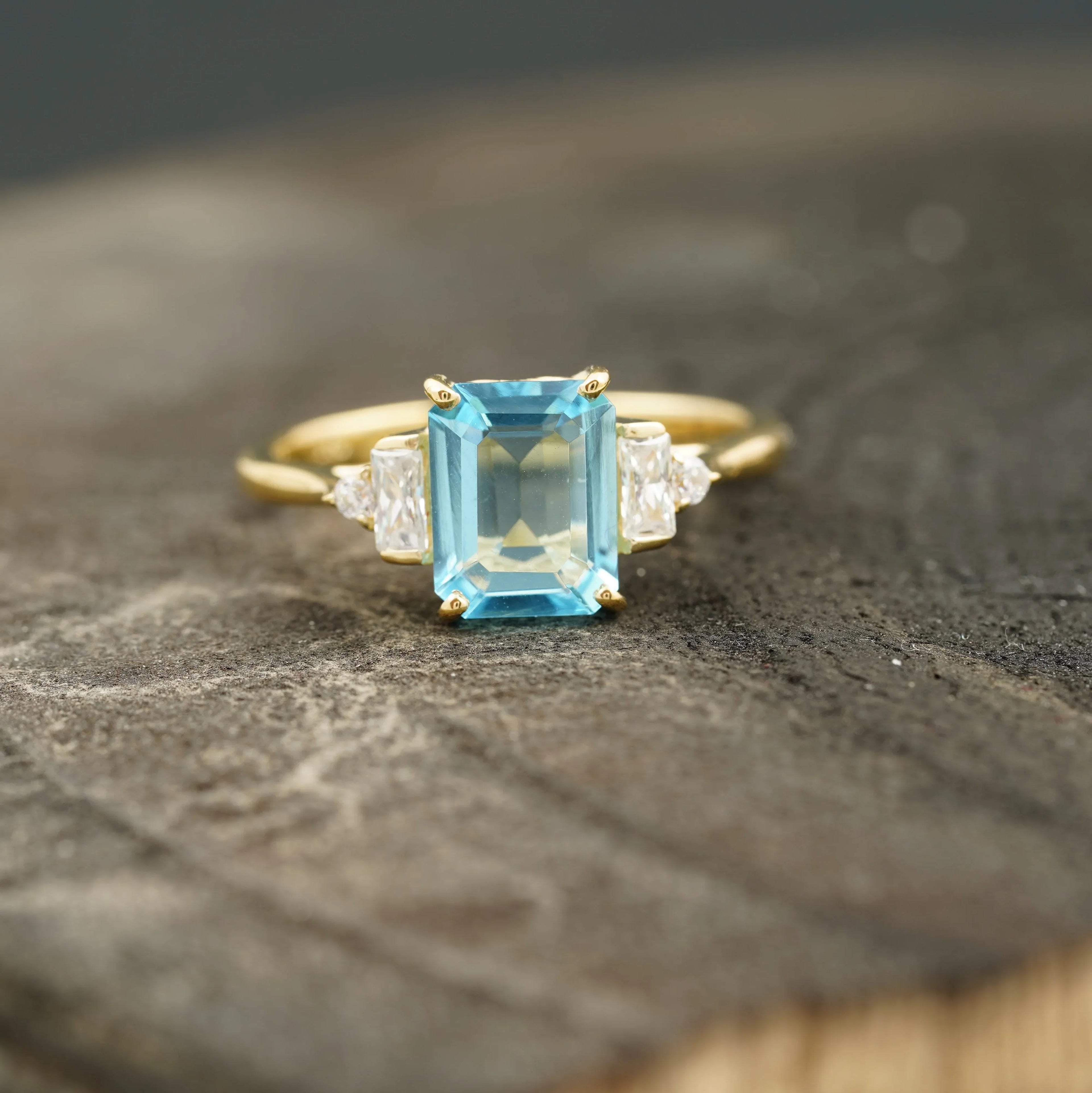 Aquamarine Gemstone Engagement Ring Emerald Cut Ring For Women - MinimalistJewels