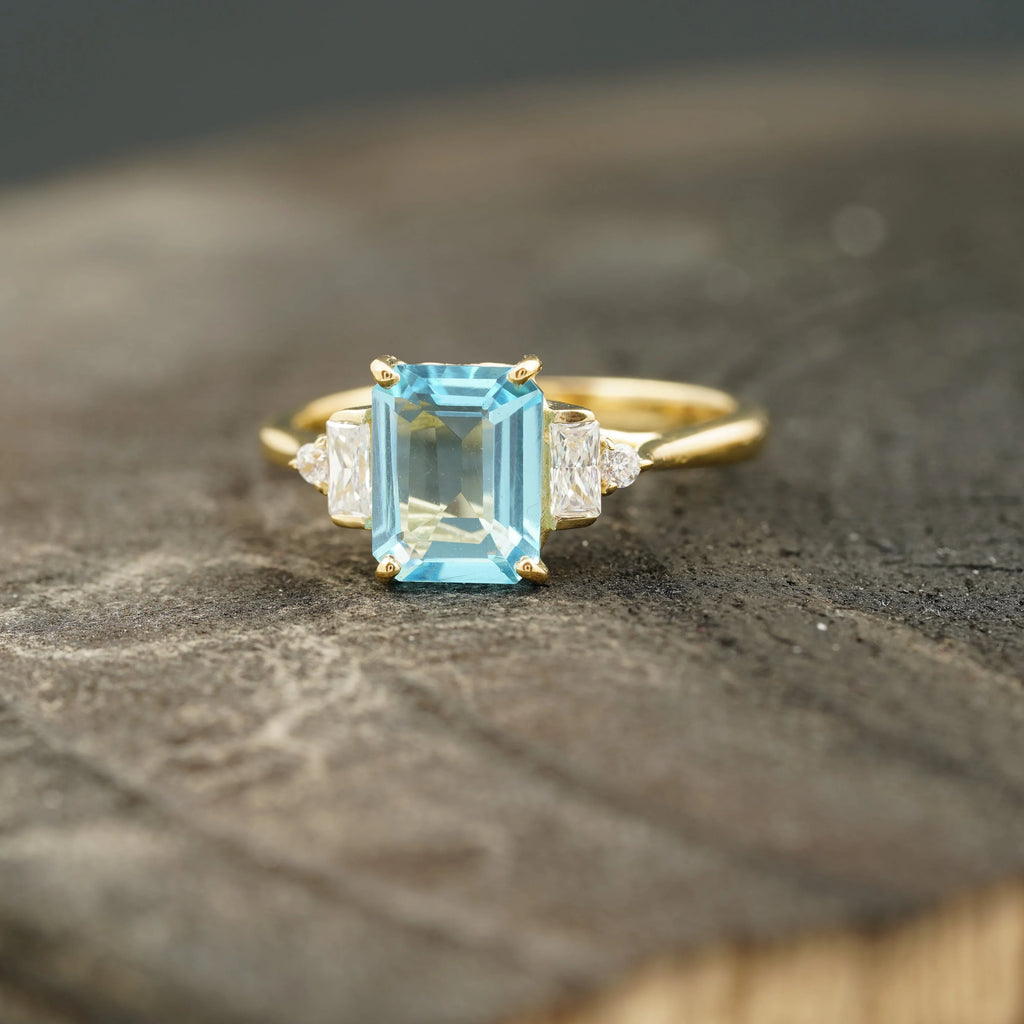 Aquamarine Gemstone Engagement Ring Emerald Cut Ring For Women - MinimalistJewels
