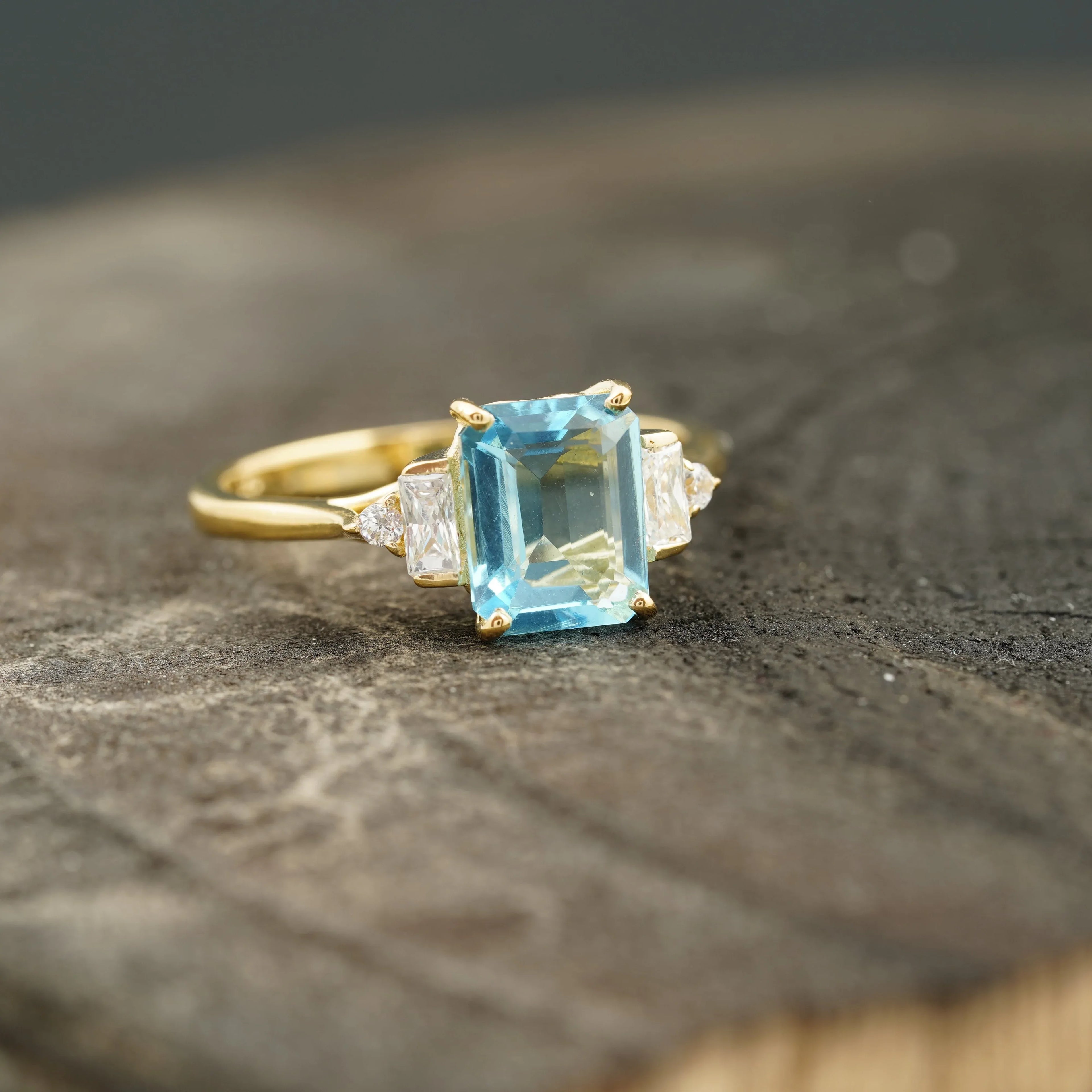 Aquamarine Gemstone Engagement Ring Emerald Cut Ring For Women - MinimalistJewels