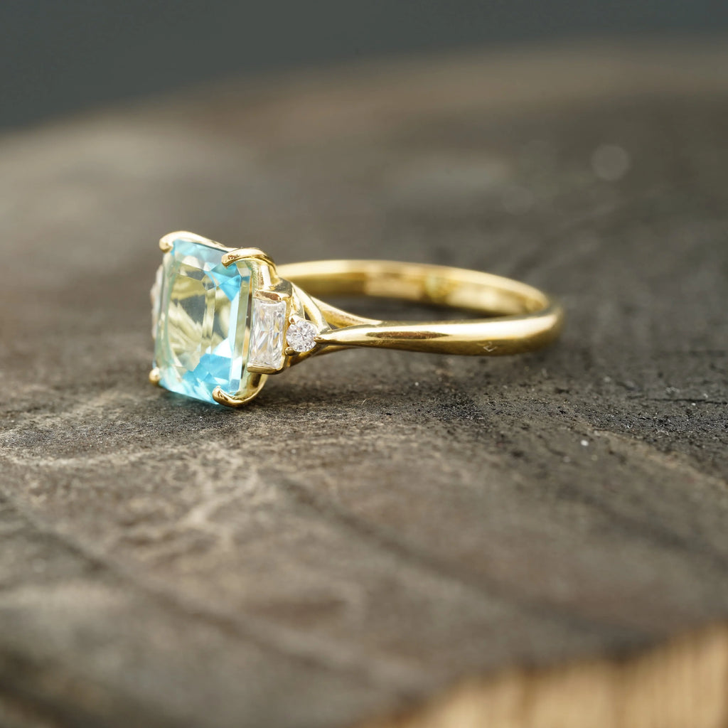 Aquamarine Gemstone Engagement Ring Emerald Cut Ring For Women - MinimalistJewels