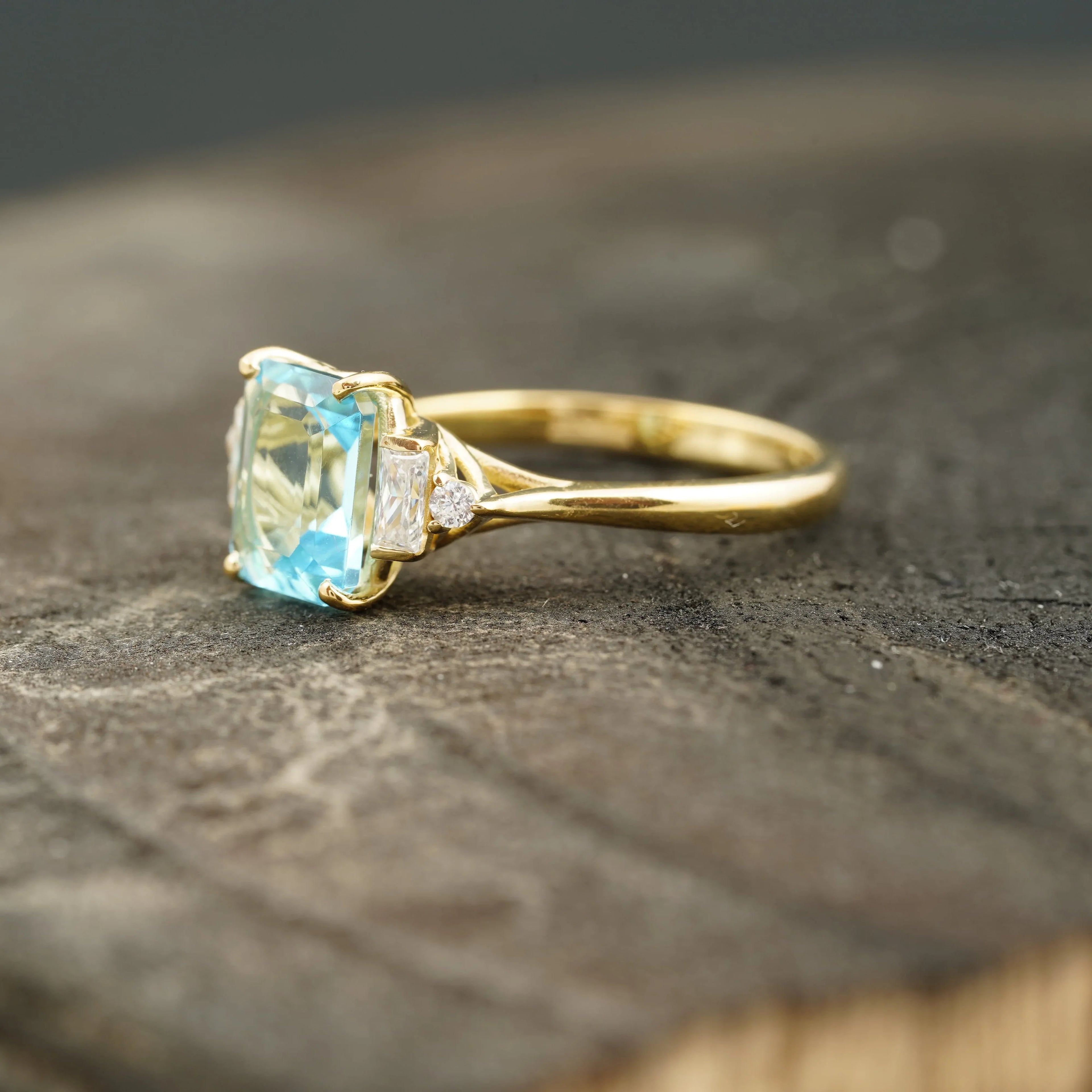 Aquamarine Gemstone Engagement Ring Emerald Cut Ring For Women - MinimalistJewels