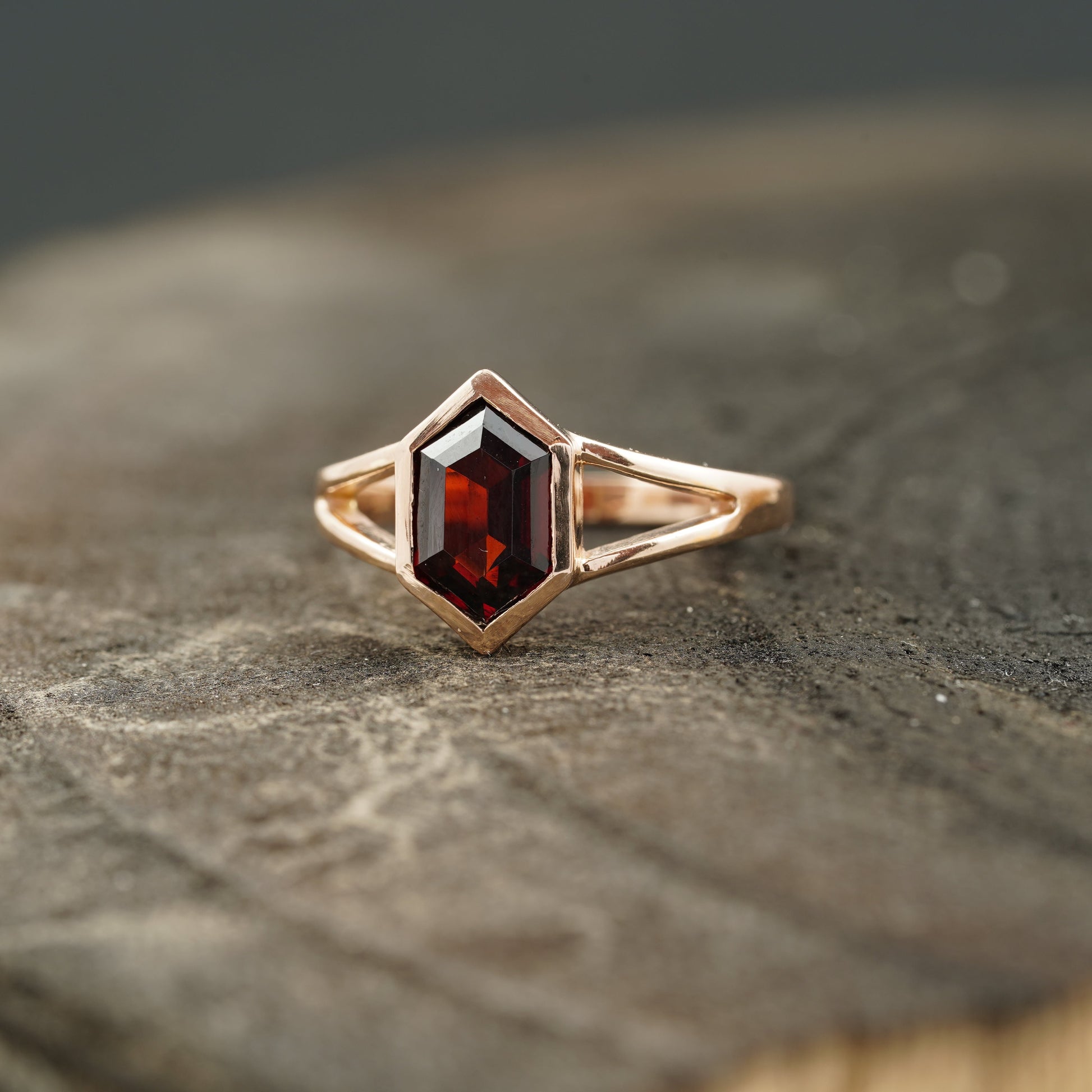 Hexagon Cut Red Garnet Stacking Ring Left Angle