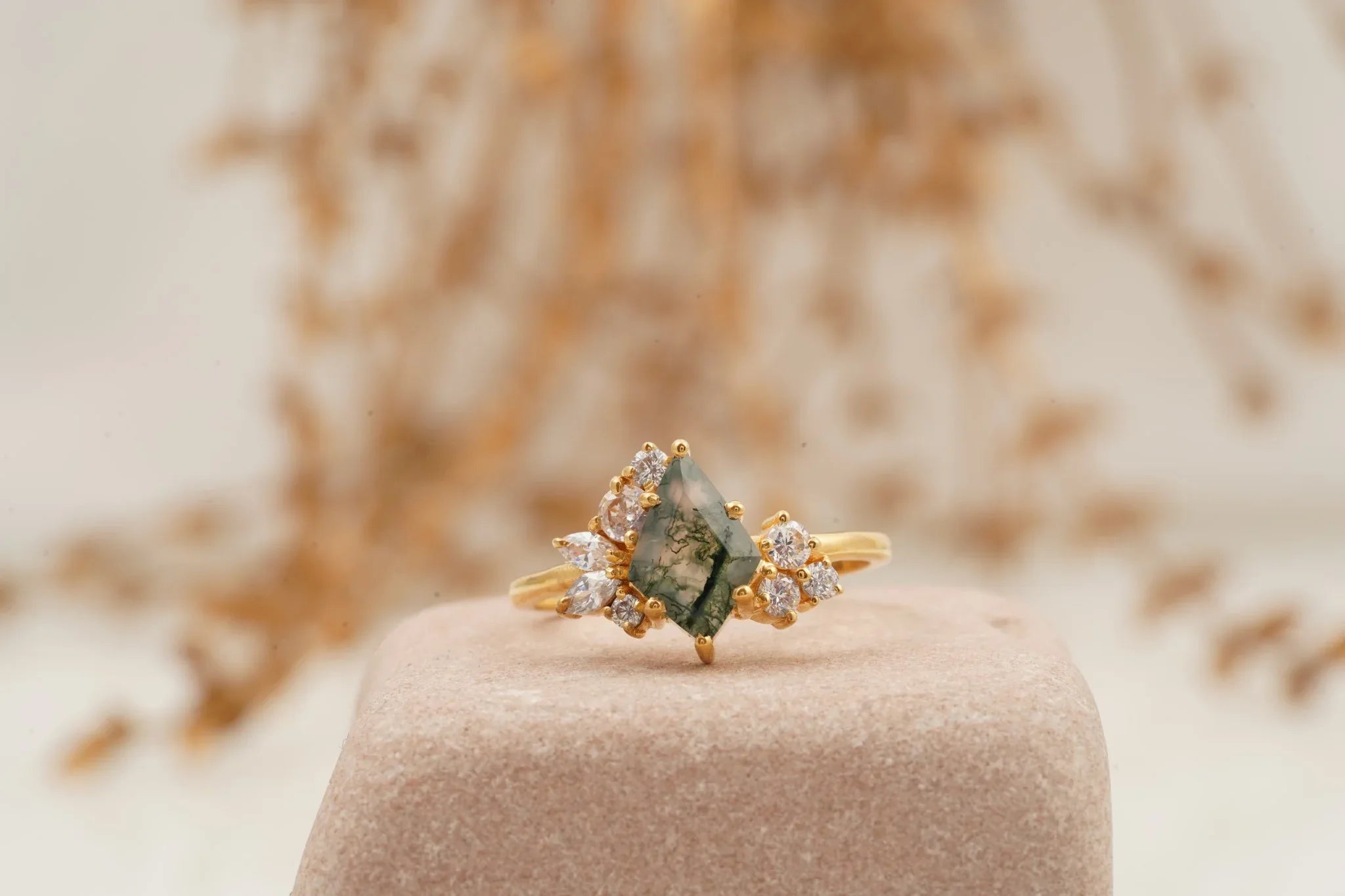 Kite Cut Moss Agate Cluster Diamond Engagement Ring - MinimalistJewels