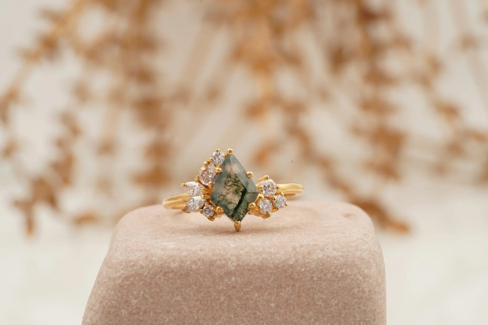 Kite Cut Moss Agate Cluster Diamond Engagement Ring - MinimalistJewels