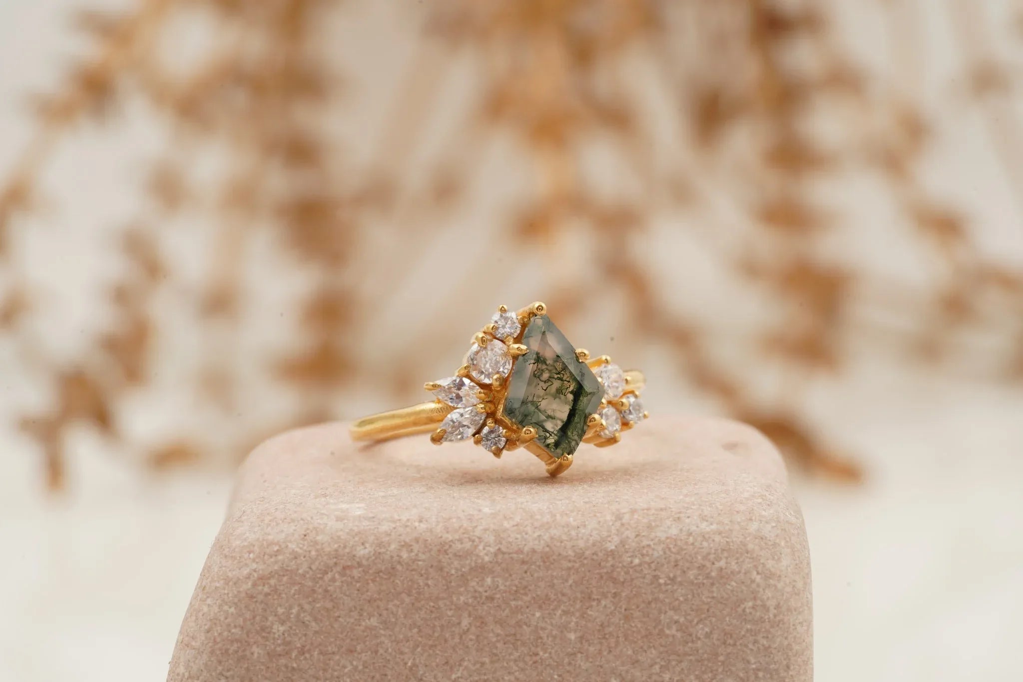 Kite Cut Moss Agate Cluster Diamond Engagement Ring - MinimalistJewels