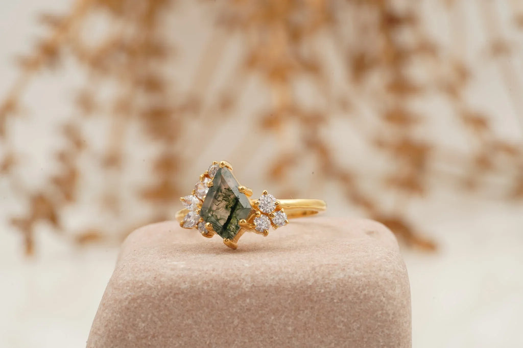 Kite Cut Moss Agate Cluster Diamond Engagement Ring - MinimalistJewels