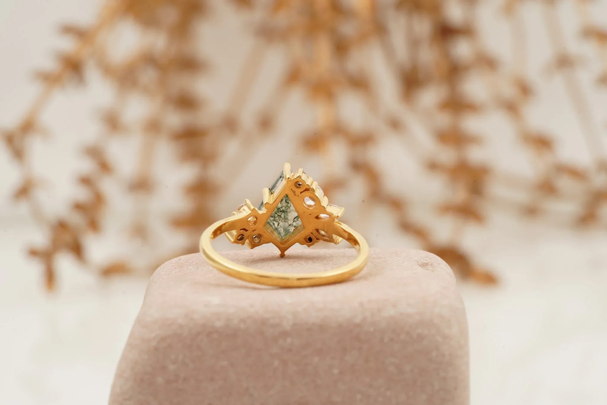Kite Cut Moss Agate Cluster Diamond Engagement Ring - MinimalistJewels