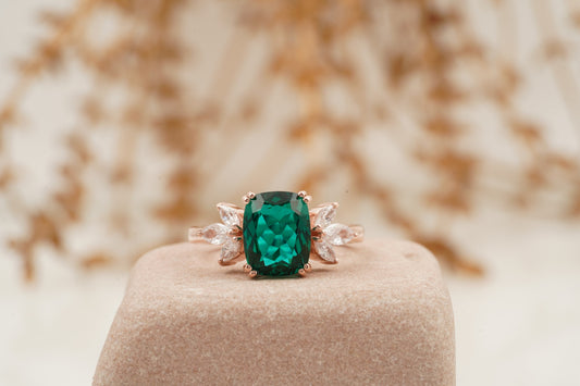 Green Emerald Marquise Diamond Cluster Engagement Ring