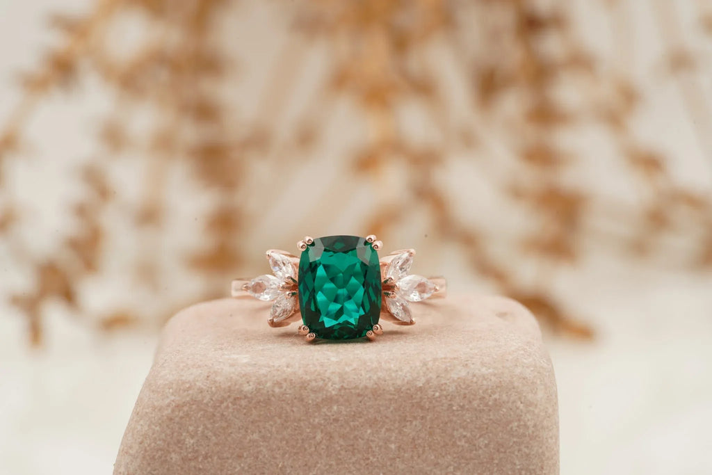 Green Emerald Marquise Diamond Cluster Engagement Ring - MinimalistJewels